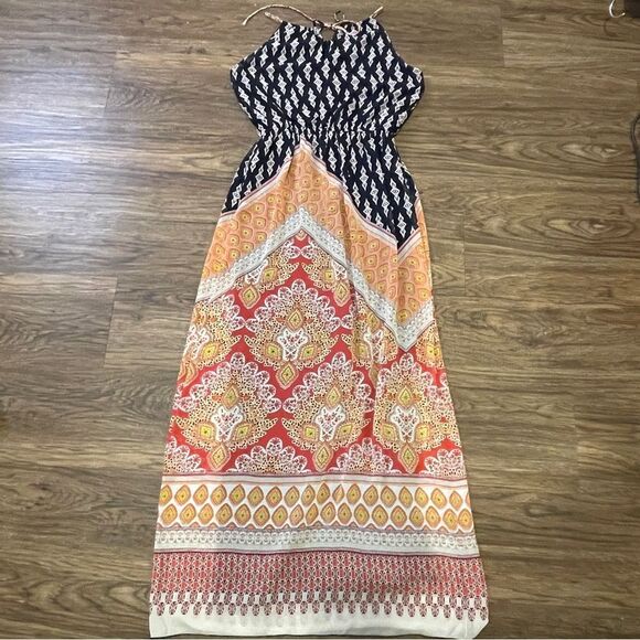 Sweet Storm Printed Halter Maxi Dress Navy White Yellow Peach Pink Medium - Picture 10 of 14